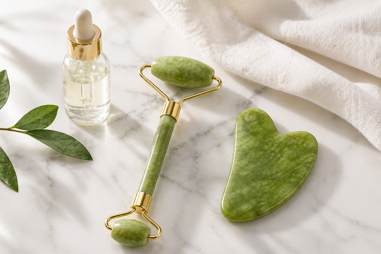 Gua Sha Sculptant en Jade Verte — Drainer, Déstresser & Raffermir en 10 min